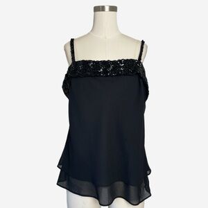 R&M Richards Black double layered chiffon black sequin trim square neck cami L